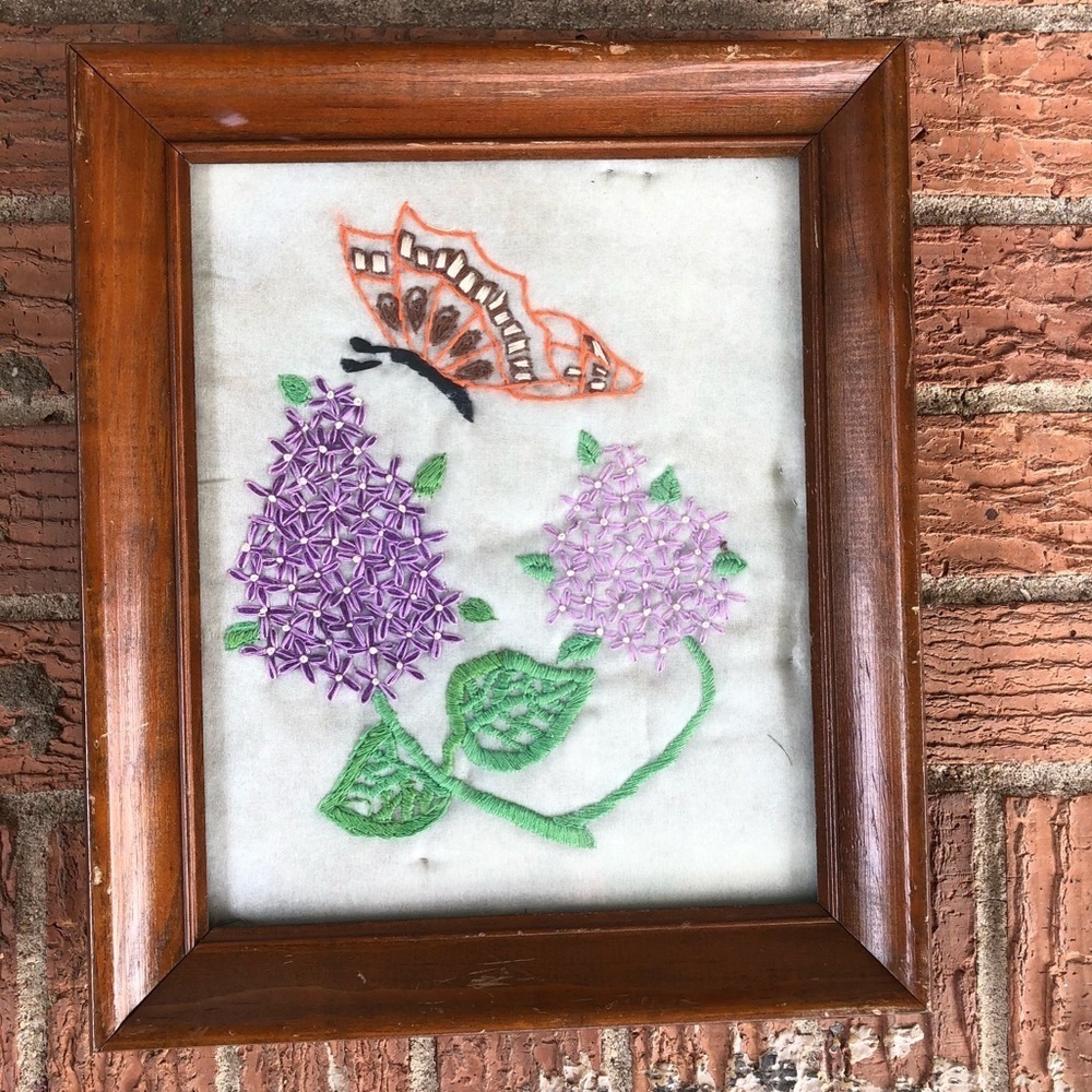 Framed Vintage Crewel Embroidery Purple Hyacinth Flowers and Butterfly 12.5"H